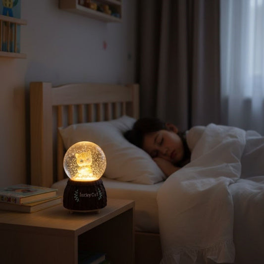 Pilli Işıklı Müzikli Kar Küresi–Şanslı Kedi Figürlü Eğlenceli Masaüstü Biblo, LED Aydınlatmalı Dekoratif Hediyelik Kar Küresi