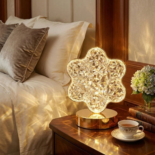 Çiçek Model Kristal LED Masa Lambası – Dokunmatik, 3 Renk Işık Modlu, Şarjlı Mini Dekoratif Gece Lambası