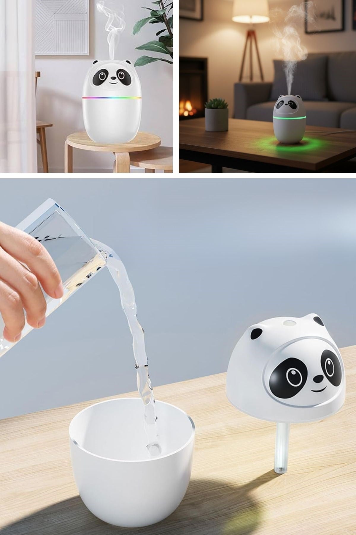 Sevimli Panda Figürlü Hava Nemlendirici – Ultrasonik Soğuk Buhar Makinesi, LED Işıklı Masaüstü Oda Nemlendirici