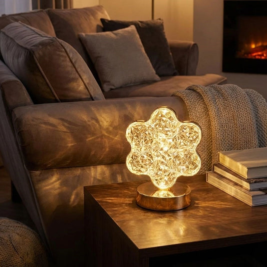 Çiçek Model Kristal LED Masa Lambası – Dokunmatik, 3 Renk Işık Modlu, Şarjlı Mini Dekoratif Gece Lambası