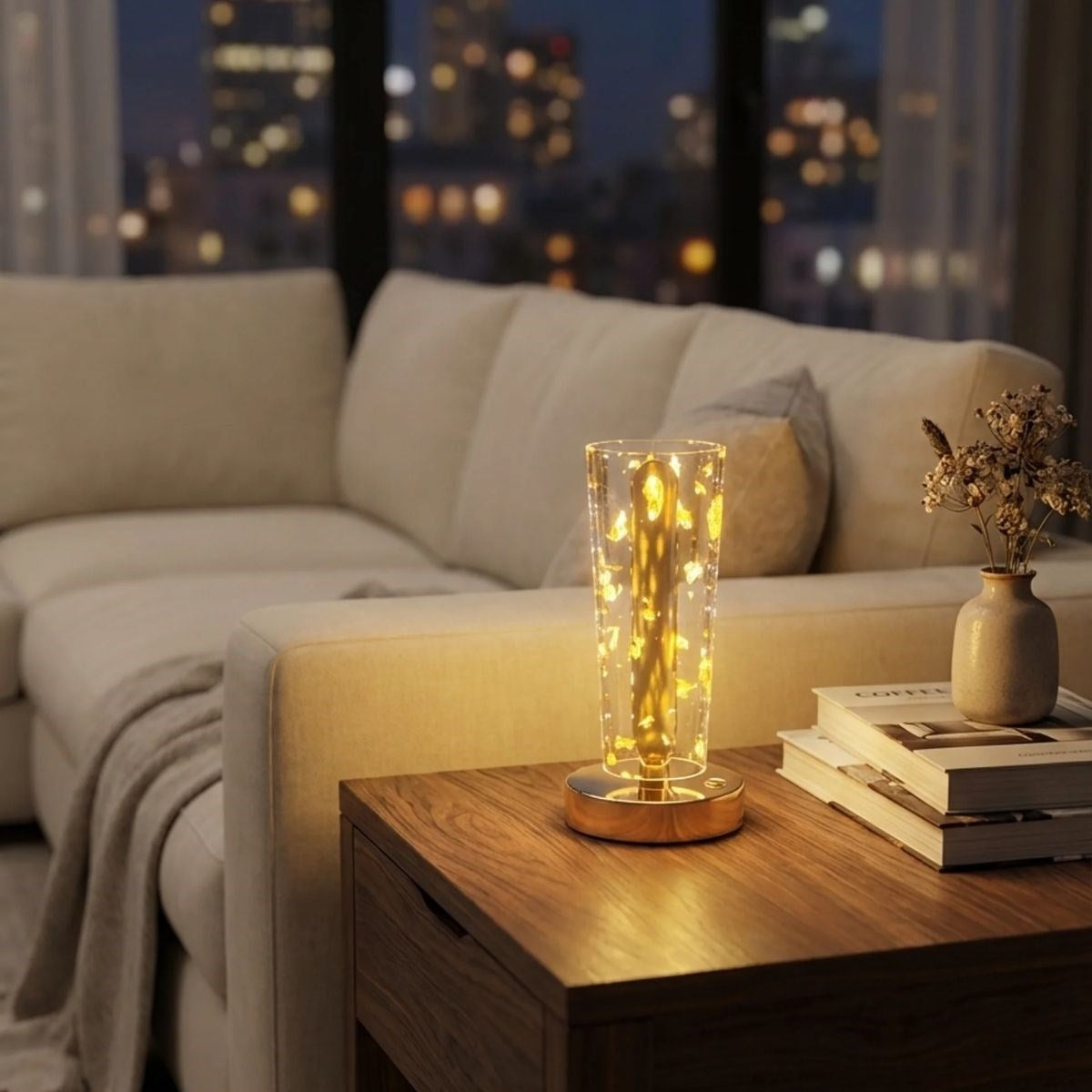 Silindirik Kristal Altın Toz Model LED Masa Lambası – Gold Tabanlı, Dokunmatik, 3 Renk Işık Modlu, Şarjlı Modern Dekoratif Gece Lambası