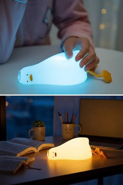 5 Farklı Renk Modlu Tembel Ördek Figürlü Pofuduk LED Gece Lambası–Yumuşak Dokulu Çocuk Odası ve Dekoratif Şarjlı Ortam Işığı