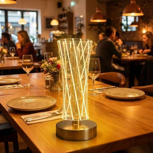 Silindirik Kristal Çizgi Model LED Masa Lambası - Gold Tabanlı Dokunmatik Şarjlı Gece Lambası