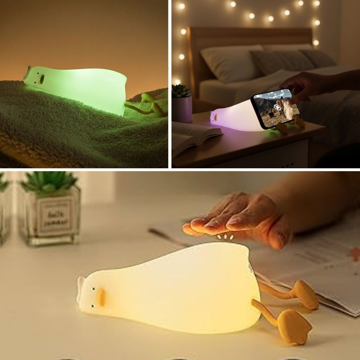 5 Farklı Renk Modlu Tembel Ördek Figürlü Pofuduk LED Gece Lambası–Yumuşak Dokulu Çocuk Odası ve Dekoratif Şarjlı Ortam Işığı