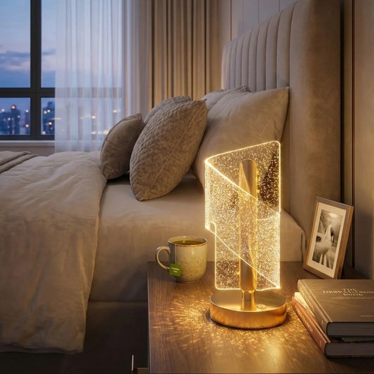 Çapraz Kavisli Kristal Simli LED Masa Lambası – Gold Gövdeli, Dokunmatik, 3 Kademe Işık Ayarlı Şarjlı Dekoratif Lamba