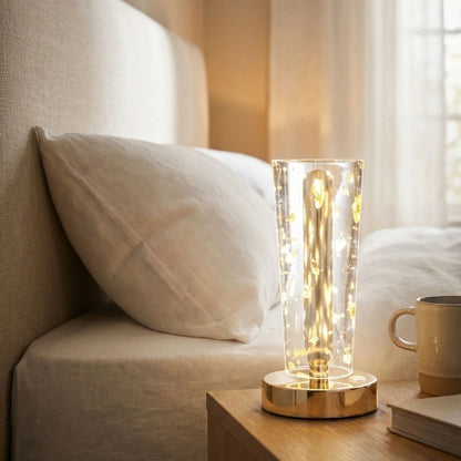 Silindirik Kristal Altın Toz Model LED Masa Lambası – Gold Tabanlı, Dokunmatik, 3 Renk Işık Modlu, Şarjlı Modern Dekoratif Gece Lambası