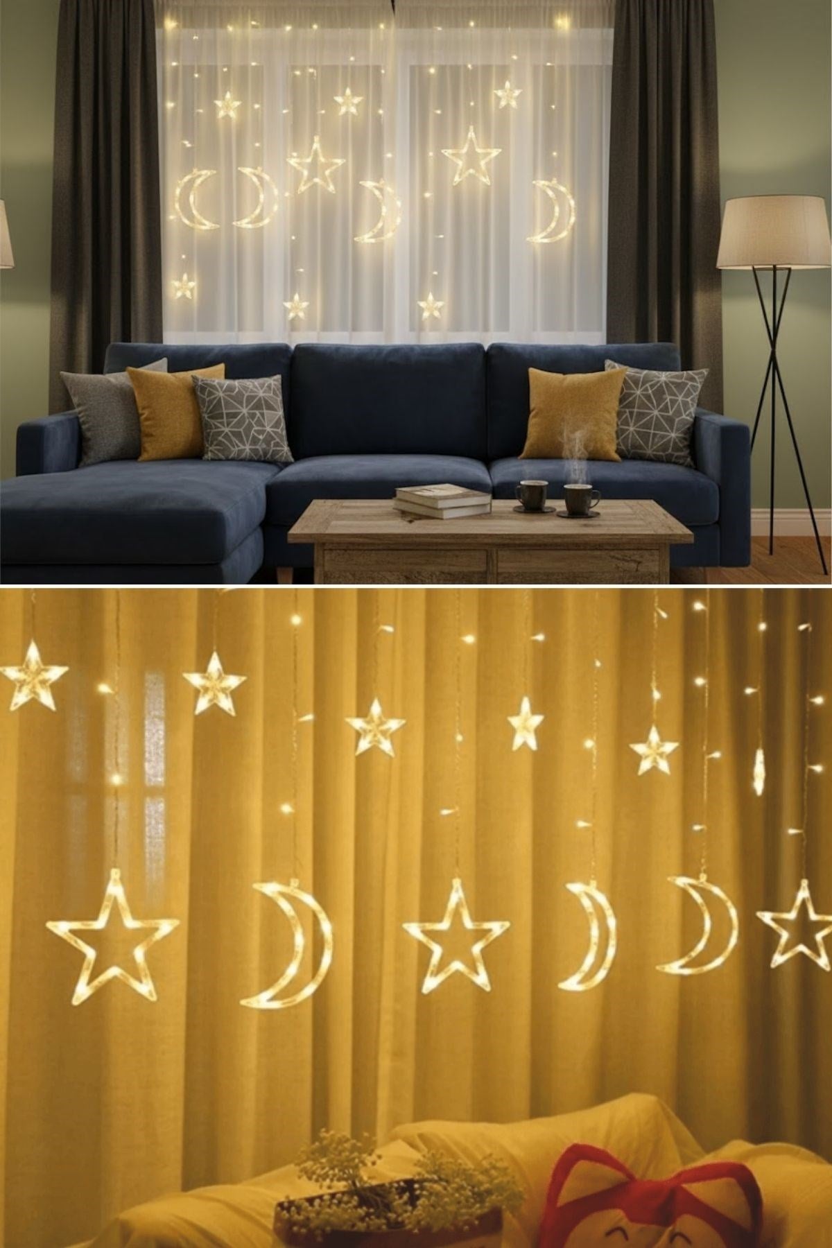 Ay ve Yıldız Figürlü Kumandalı 12 Sarkıtlı 120 LED Dekor Işık – Dekoratif Ortam ve Masaüstü Aydınlatması
