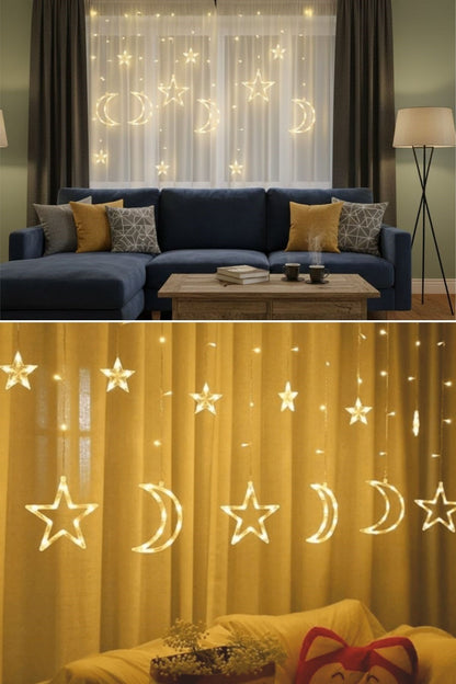 Ay ve Yıldız Figürlü Kumandalı 12 Sarkıtlı 120 LED Dekor Işık – Dekoratif Ortam ve Masaüstü Aydınlatması
