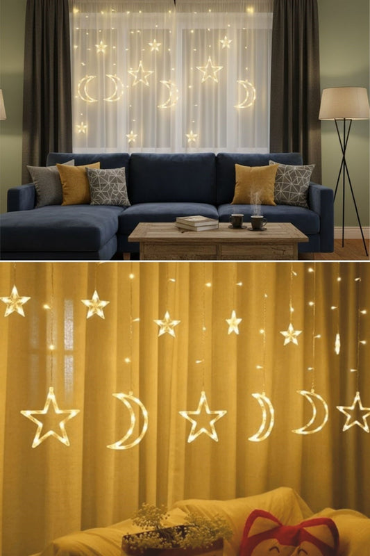 Ay ve Yıldız Figürlü Kumandalı 12 Sarkıtlı 120 LED Dekor Işık – Dekoratif Ortam ve Masaüstü Aydınlatması