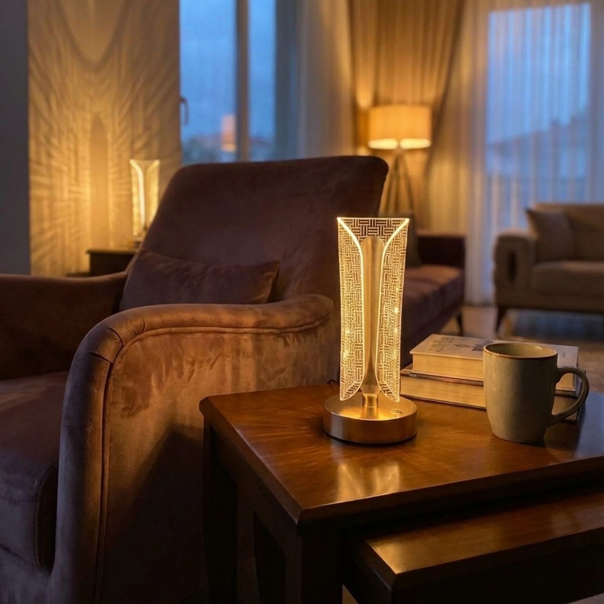 İki Yandan Kavisli Kristal LED Masa Lambası - Dokunmatik 3 Renk Işık Modlu Şarjlı Dekoratif Gece Lambası