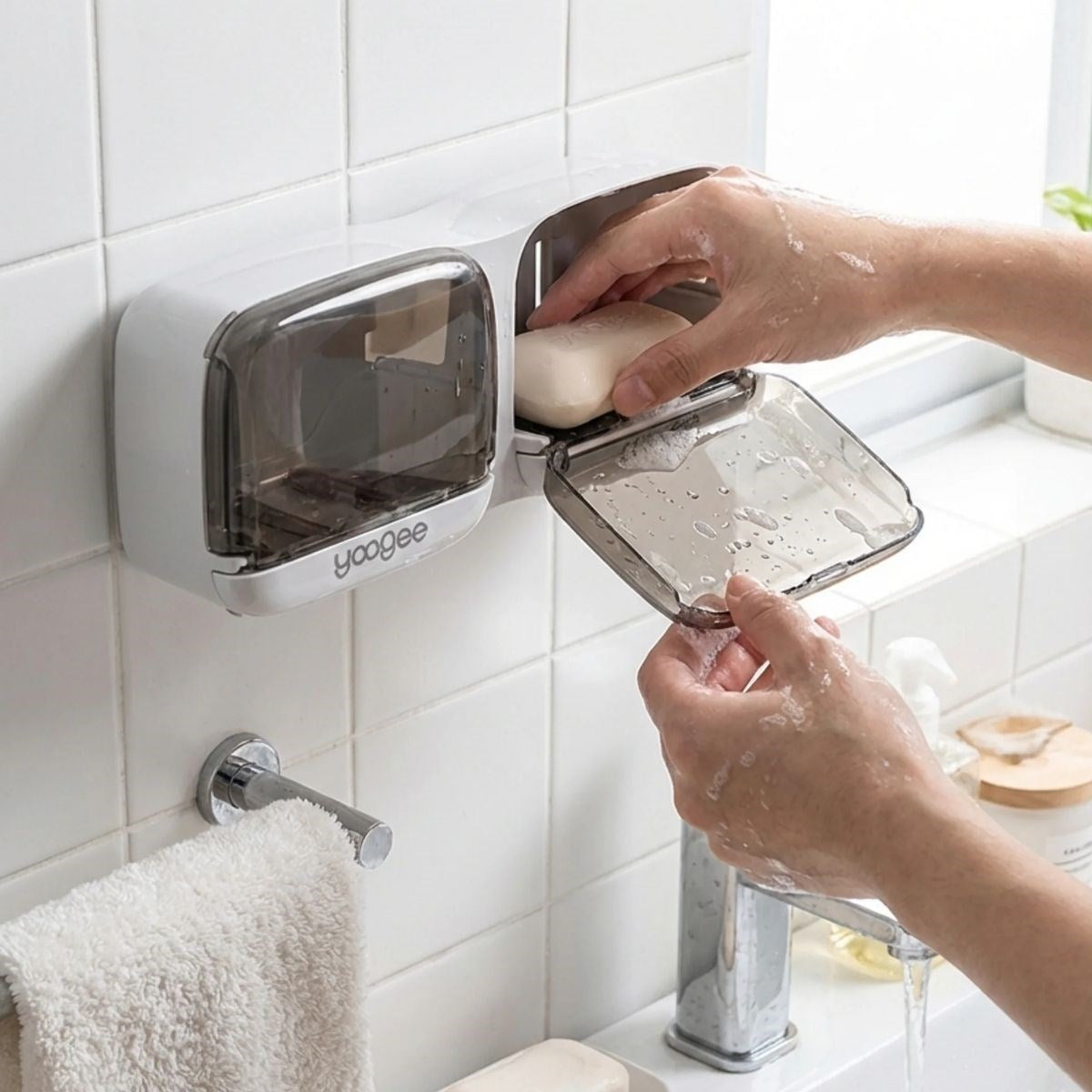 Duvara Monte İkili Kapaklı Plastik Katı Sabunluk Organizer – Banyo & Mutfak İçin Yapışkanlı Sabun Kutusu ve Düzenleyici