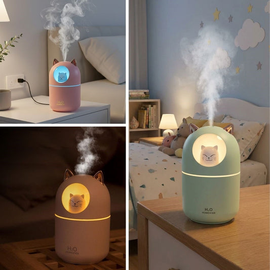 Kedicik Figürlü Hava Nemlendirici – Ultrasonik Soğuk Buhar Makinesi, LED Işıklı Masaüstü Oda Nemlendirici