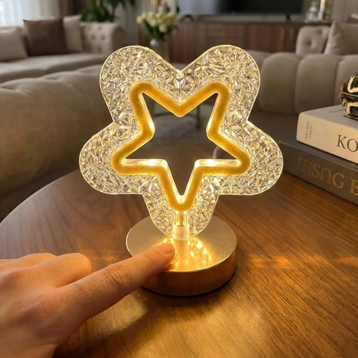İçi Boş Yıldız Şeklinde Kristal LED Masa Lambası – Dokunmatik, 3 Renk Işık Modlu, Şarjlı Mini Dekoratif Gece Lambası