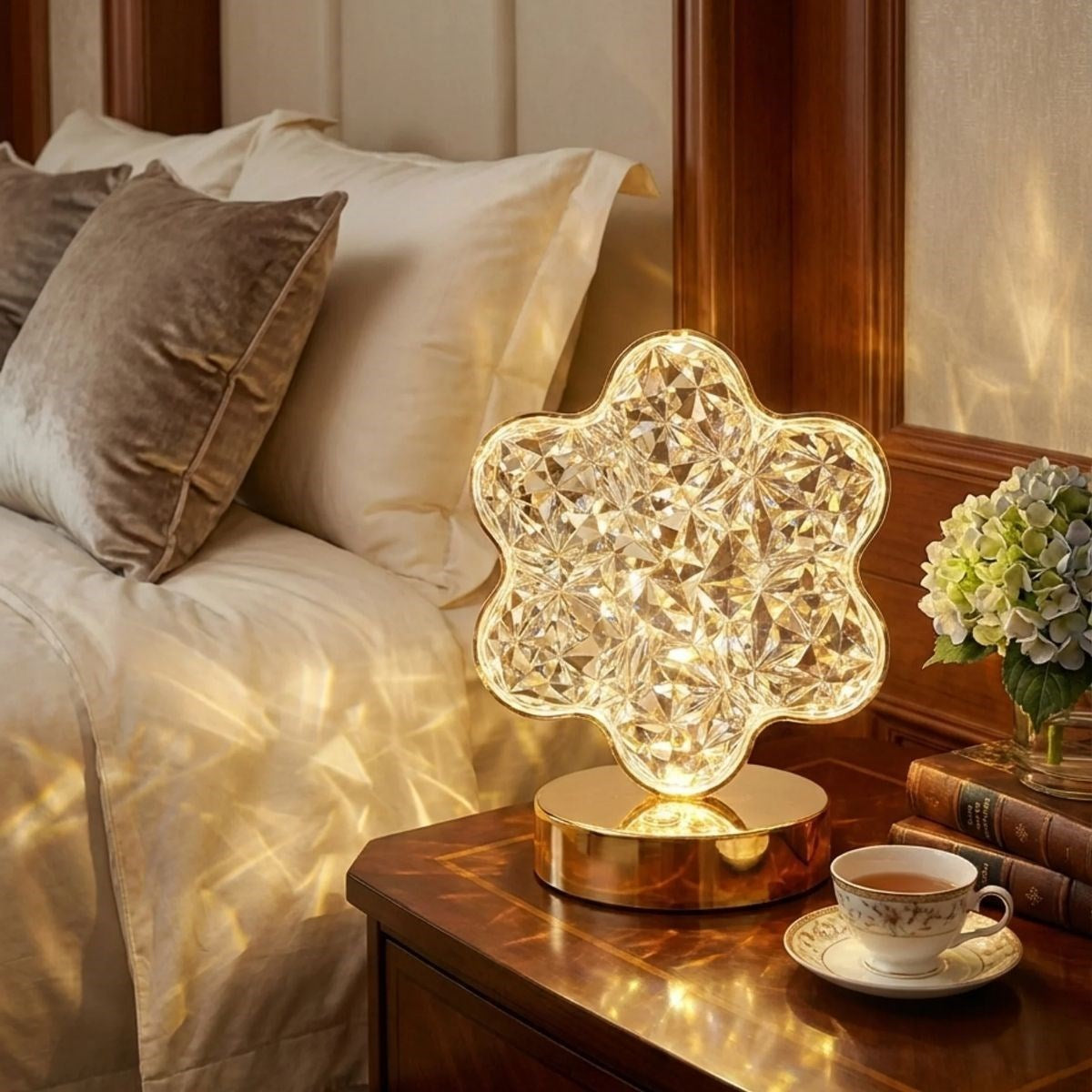Çiçek Model Kristal LED Masa Lambası – Dokunmatik, 3 Renk Işık Modlu, Şarjlı Mini Dekoratif Gece Lambası