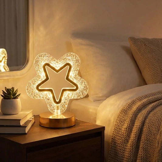 İçi Boş Yıldız Şeklinde Kristal LED Masa Lambası – Dokunmatik, 3 Renk Işık Modlu, Şarjlı Mini Dekoratif Gece Lambası