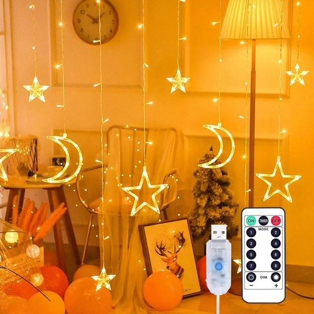 Ay ve Yıldız Figürlü Kumandalı 12 Sarkıtlı 120 LED Dekor Işık – Dekoratif Ortam ve Masaüstü Aydınlatması