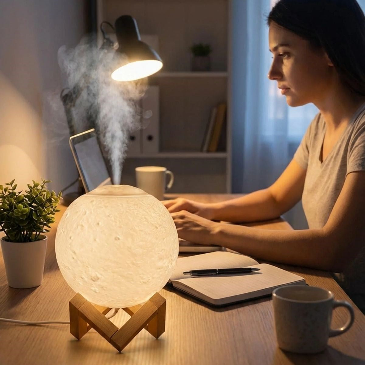 3D Ay Tasarımlı Su Yenilemeli USB Hava Nemlendiricisi – Dokunmatik, 3 Renk Işık Modlu (Gün Işığı / Beyaz / Sarı Işık) Gece Lambası