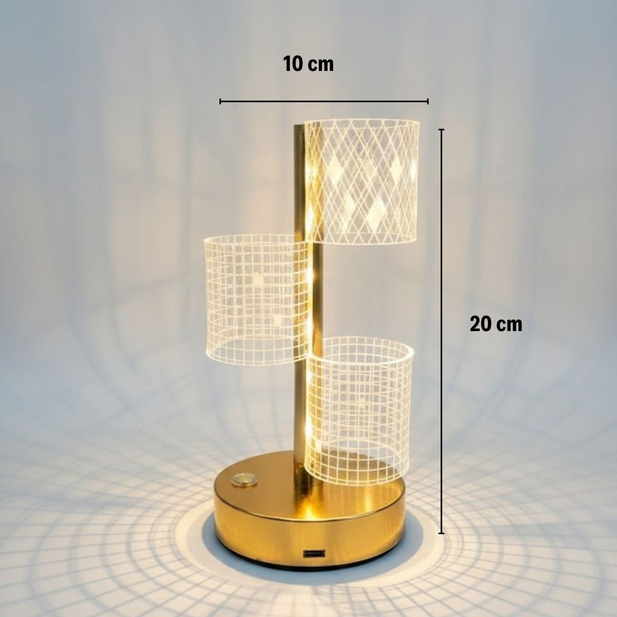 3 Parça Silindirik Kristal Ekose Kareli LED Masa Lambası – Gold Gövdeli, Dokunmatik, 3 Kademe Işık Ayarlı Şarjlı Dekoratif Lamba