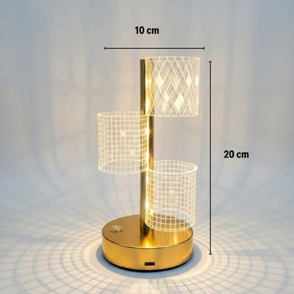 3 Parça Silindirik Kristal Ekose Kareli LED Masa Lambası – Gold Gövdeli, Dokunmatik, 3 Kademe Işık Ayarlı Şarjlı Dekoratif Lamba