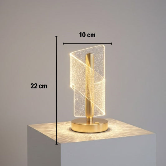 Çapraz Kavisli Kristal Simli LED Masa Lambası – Gold Gövdeli, Dokunmatik, 3 Kademe Işık Ayarlı Şarjlı Dekoratif Lamba