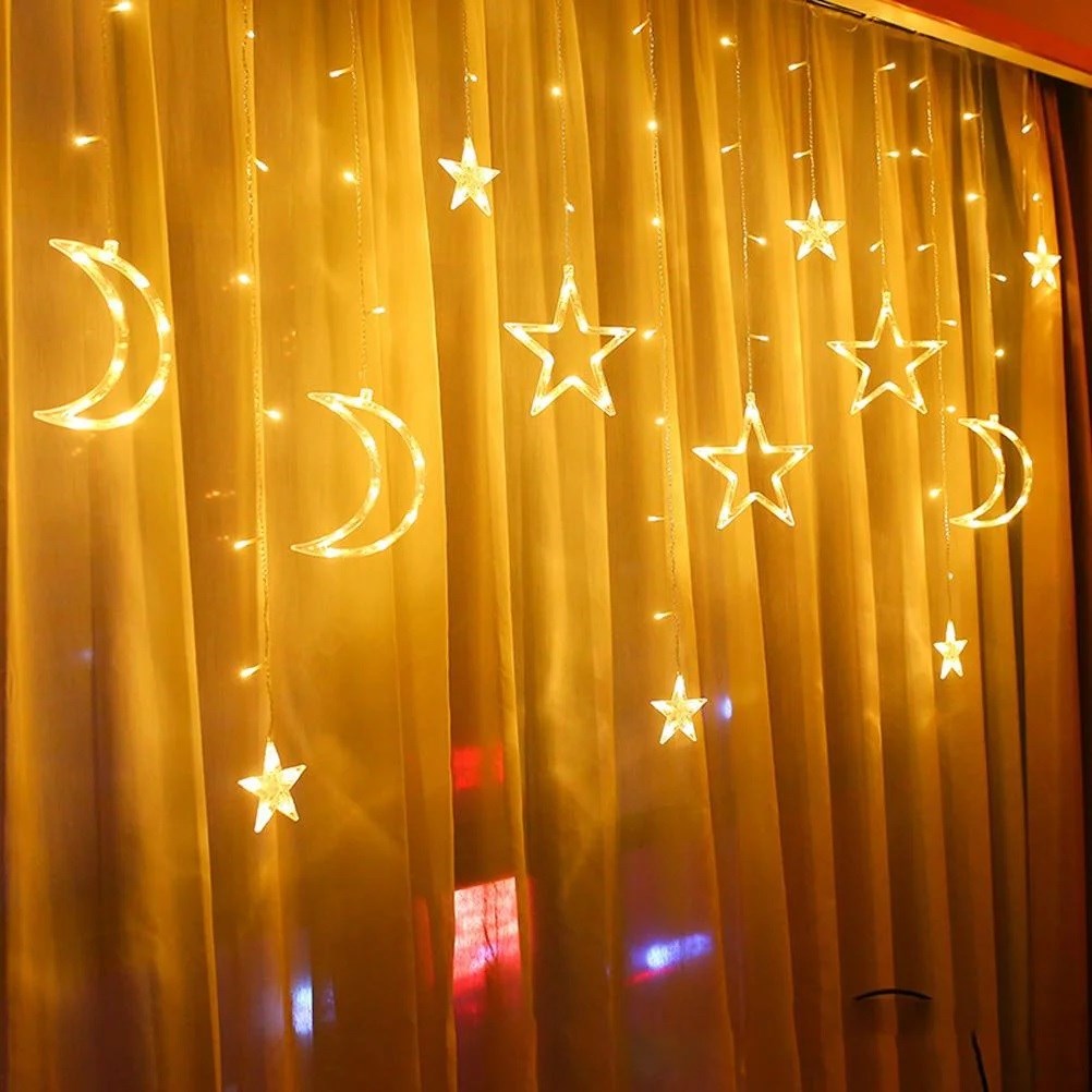 Ay ve Yıldız Figürlü Kumandalı 12 Sarkıtlı 120 LED Dekor Işık – Dekoratif Ortam ve Masaüstü Aydınlatması