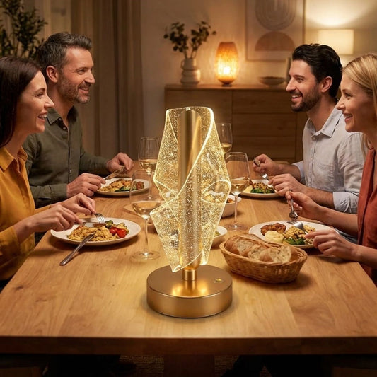 Çapraz Kavisli Ters Kristal Simli LED Masa Lambası – Gold Gövdeli, Dokunmatik, 3 Kademe Işık Ayarlı Şarjlı Dekoratif Lamba