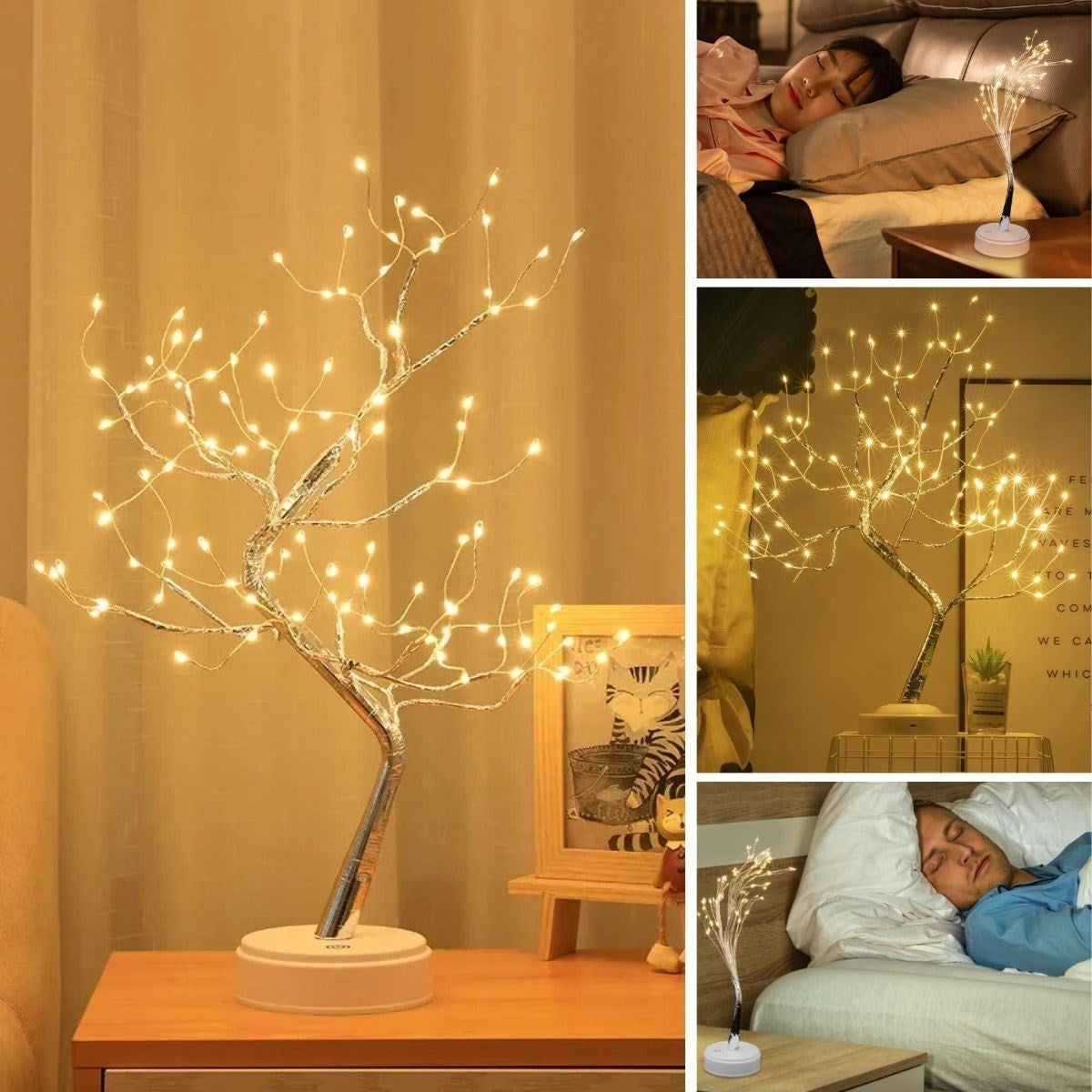 Masaüstü Peri Ağaç LED Lamba – Gün Işığı Rengi, 3 Kademeli Işık Ayarlı, Şarjlı Dekoratif Ortam Aydınlatması