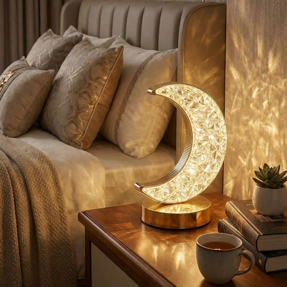 Hilal AY Model Kristal LED Masa Lambası – Dokunmatik, 3 Renk Işık Modlu, Şarjlı Mini Dekoratif Gece Lambası