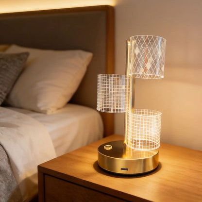 3 Parça Silindirik Kristal Ekose Kareli LED Masa Lambası – Gold Gövdeli, Dokunmatik, 3 Kademe Işık Ayarlı Şarjlı Dekoratif Lamba