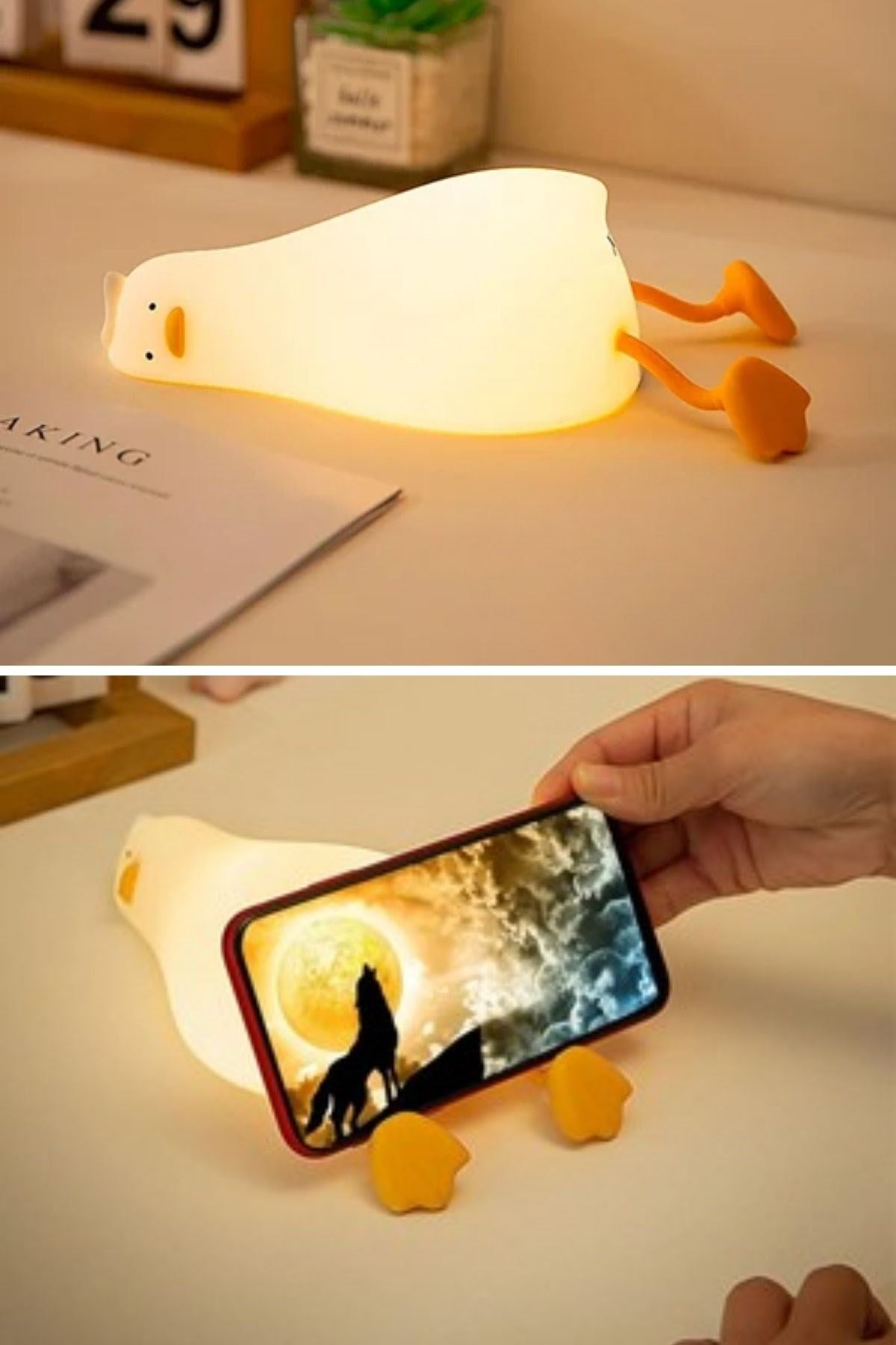 5 Farklı Renk Modlu Tembel Ördek Figürlü Pofuduk LED Gece Lambası–Yumuşak Dokulu Çocuk Odası ve Dekoratif Şarjlı Ortam Işığı