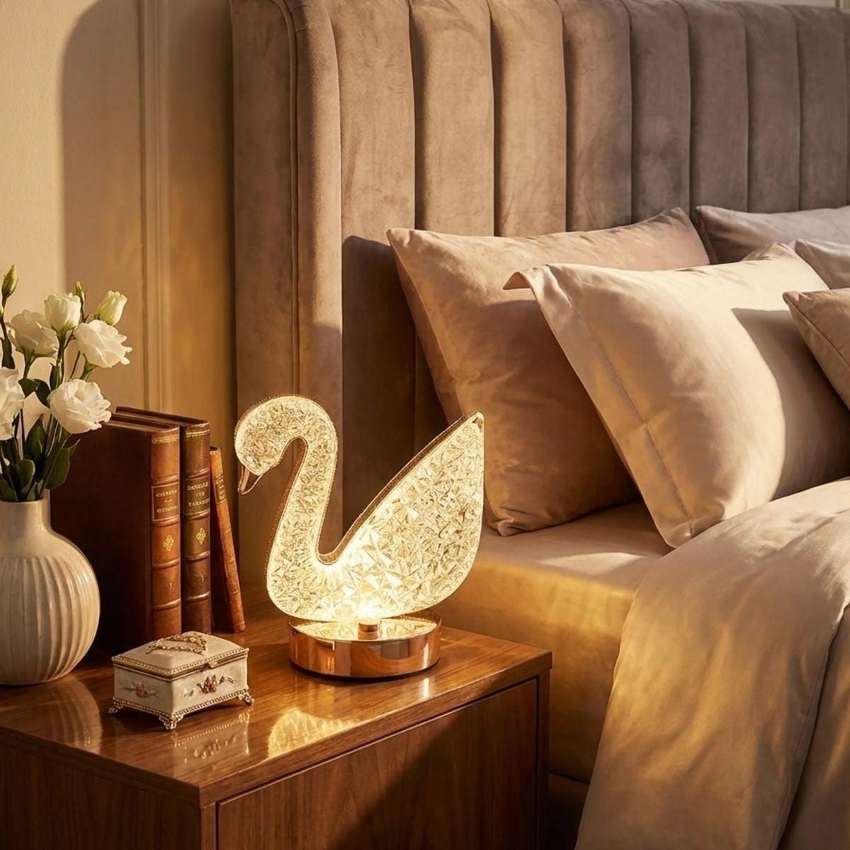 Kuğu Model Kristal LED Masa Lambası – Dokunmatik, 3 Renk Işık Modlu, Şarjlı Mini Dekoratif Gece Lambası