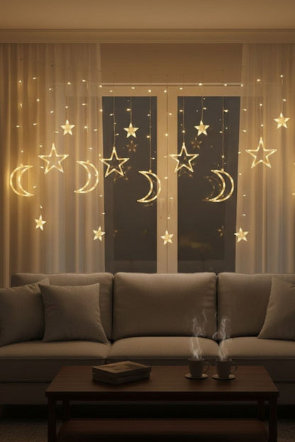 Ay ve Yıldız Figürlü Kumandalı 12 Sarkıtlı 120 LED Dekor Işık – Dekoratif Ortam ve Masaüstü Aydınlatması