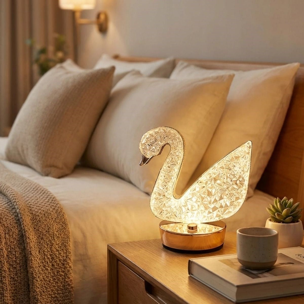 Kuğu Model Kristal LED Masa Lambası – Dokunmatik, 3 Renk Işık Modlu, Şarjlı Mini Dekoratif Gece Lambası